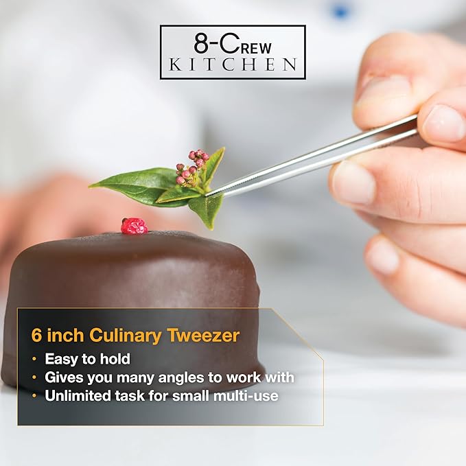 8-CREW KITCHEN Professional Chef Tongs 2 pc Set - 12” 304 Stainless Steel Tweezer for Cooking and Multi-Use - 6” Culinary Tweezer for Plating, Bar and Food Decorating