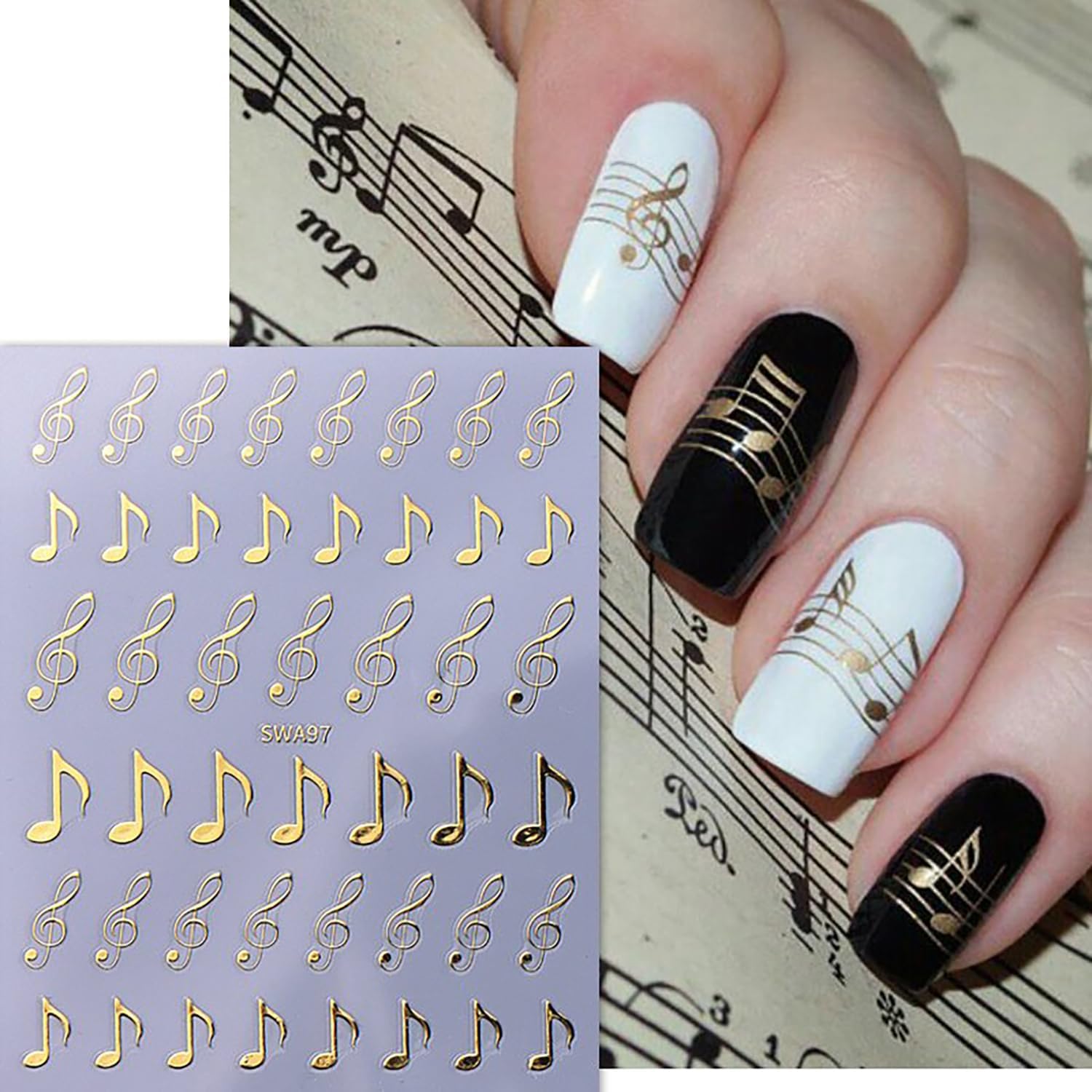 6 Sheets Musical Symbols Nail Art Stickers 3D Self-Adhesive Nails Sticker Music Notation Nails Art Decals Holographic Music Decal Decoration for Women Silver Black Manicure Stickers DIY Nail Supplies-BrightBean Baby