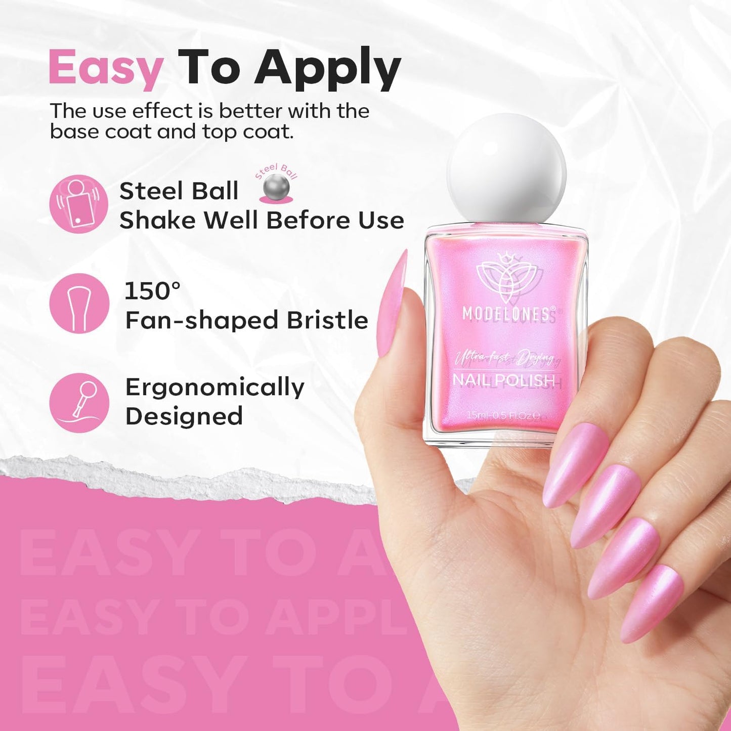 modelones Shine Pink Nail Polish, 15ml Shimmer Pearl Pink Nail Polish Quick Dry Nail Lacquer Strengthener Long Last Shine Fingernail Toe Nail Art DIY Home Travel Manicure Gift for Women Girls-BrightBean Baby