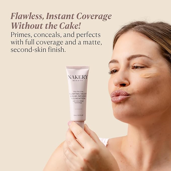Nakery Full Coverage Plumping Liquid Foundation - Serum Infused Makeup with Niacinamide & Hyaluronic Acid for All Skin Types - Medium-BrightBean Baby