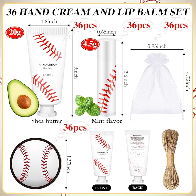 144 Pcs Baseball Lip Balm Hand Cream Set Baseball Party Supply, Include 36 Baseball Lip Balm 36 Moisturizing Hand Cream 36 Baseball Bag 36 Baseball Card and Rope for Baseball Accessories Gifts-BrightBean Baby