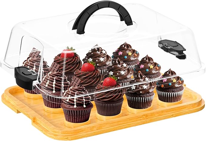 MinBoo Reusable Bamboo Cupcake Storage for Birthday Holiday Party Bakery Supplies Containers Portable 12 Standard-Size Cupcakes with Heightened Transparent Lid & Carry Handle