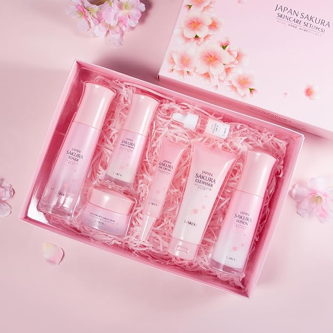 Skin Care Set JAPAN SAKURA Beauty Gift Sets Skin Care Kit with Cleanser, Toner, Lotion, Serum, Eye Cream, Face Cream, Make up Primer Travel Kit for Women Wife Mom 7pcs-BrightBean Baby