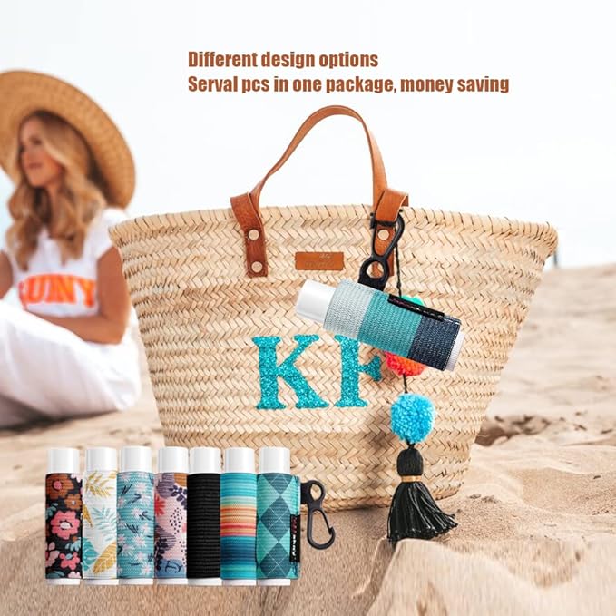 3PCS Lip Balm Holder Sleeves Chapstick Holder Keychain Lip Gloss Holder Keychain Elastic Sleeves (Black/light blue strip/dark blue strip)-BrightBean Baby