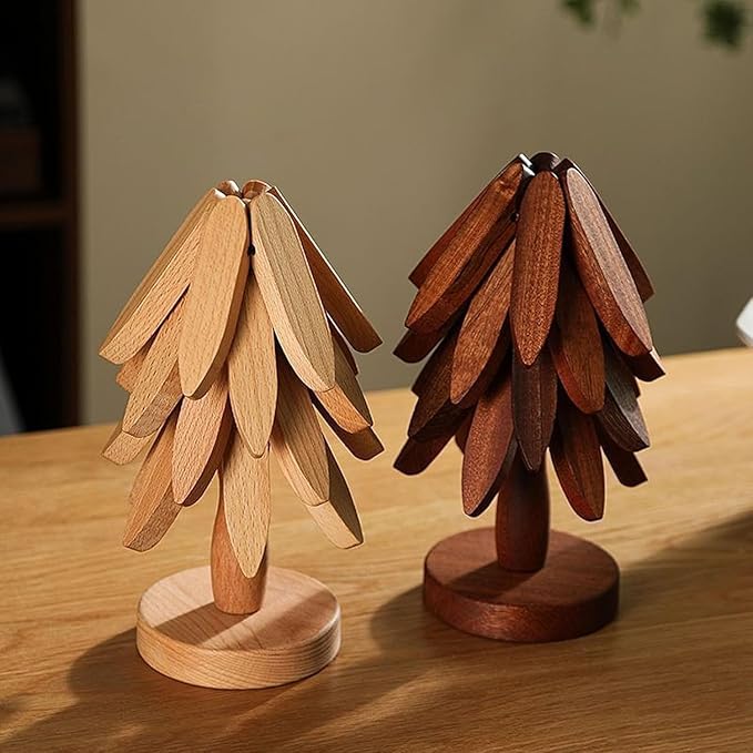 Natural Wood Tree Trivet Set, 𝐍atural Tree Trivet Set - 4 Wooden Trivets,4 Wooden 𝐓rivets & 1 Stand Like a Christmas Trees,for Hot Dish,Pot,Bowl,Teapot,Hot Pot Sets (Walnut Finish 3 Trivets,1set)