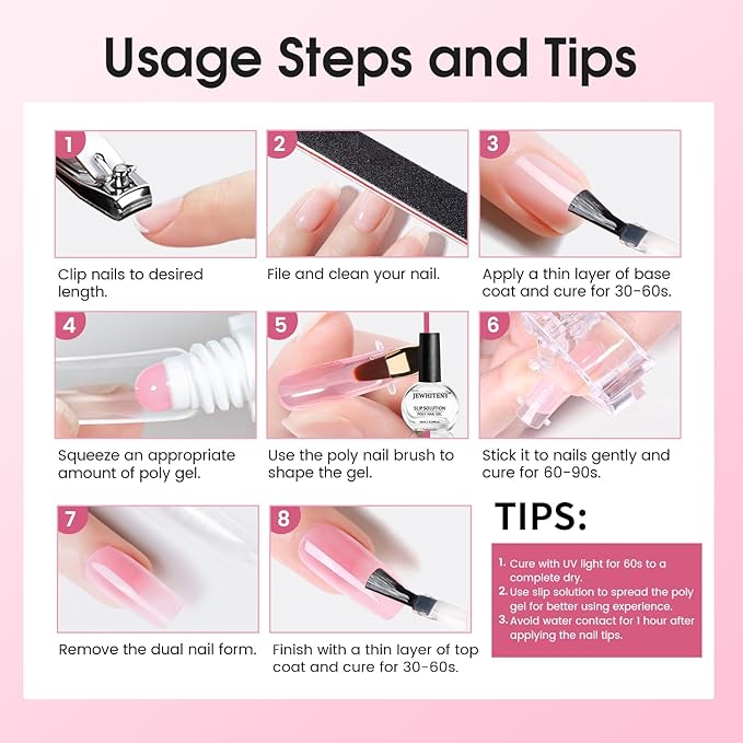 JEWHITENY Poly Extension Gel Nail Set Clear White Pink Poly Nail Gel With Base Coat Top Coat for Finger Art and Home DIY French Manicure Need U V Lamp Curing-BrightBean Baby