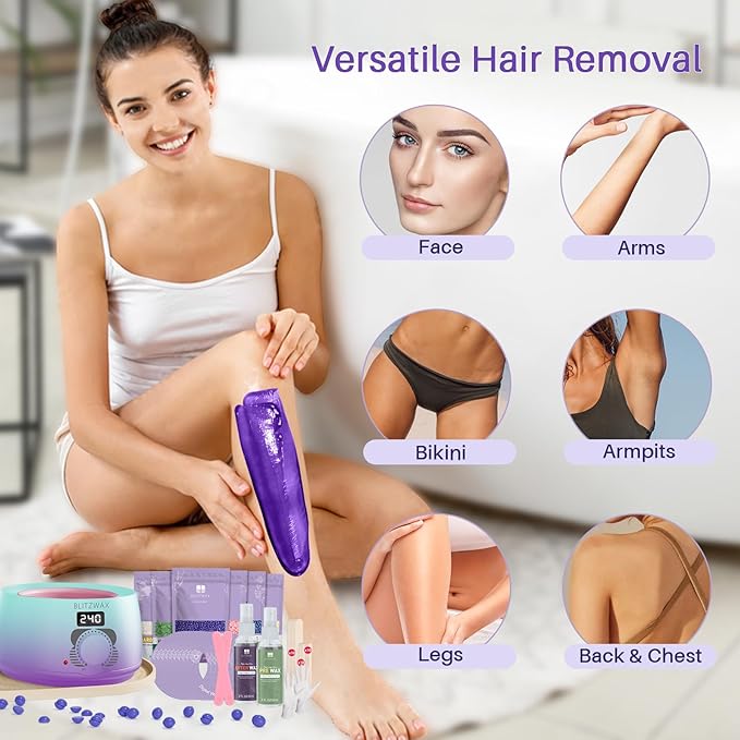 BLITZWAX Brazilian and Bikini Waxing Kit for Women, Hard Wax Warmer for Face, Legs, and Body, At Home Hair Removal Kit, Beginner Friendly, Quick Heating, 32pcs Wax Spatulas-BrightBean Baby