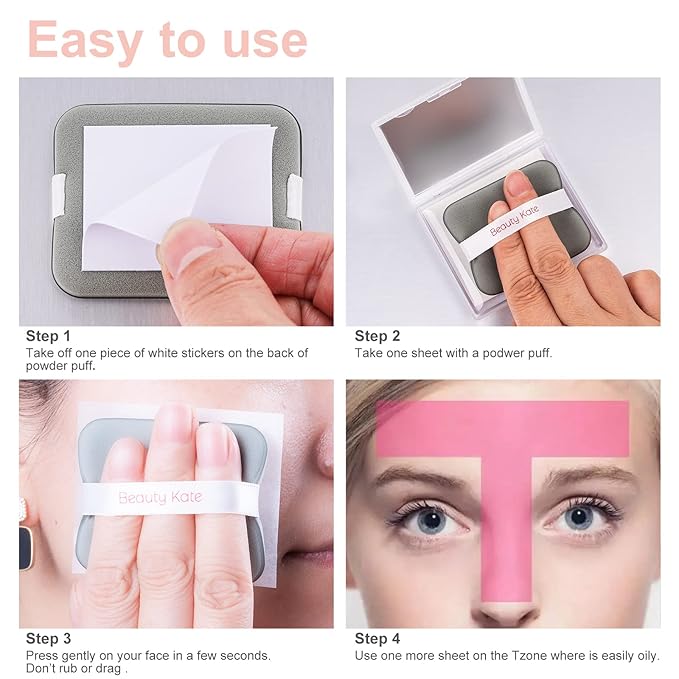 2 Pack Matter Blotting Paper for Oily Skin Total 100 Sheets with Mirror Case and Makeup Puff - Easy Dispensing Oil Blotting Sheets for Face,Makeup Friendly Oil Absorbing Sheets-BrightBean Baby