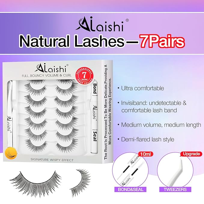 Wispy False Eyelashes Kit With Bond, Seal and Tweezer, 7 Pairs Natural Look Fake Cat Eye Lashes Strips Thin Band Extensions Waterproof Easy Eyelashes for Beginners DF2-BrightBean Baby