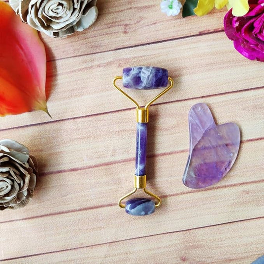 Amethyst Massage Roller and Gua sha Set | Reduces Wrinkles, Fine lines and Dark Circles | Pink Jade Roller | Anti-aging Massager for Skin Toning and Tightening for Face, Eyes, Neck-BrightBean Baby