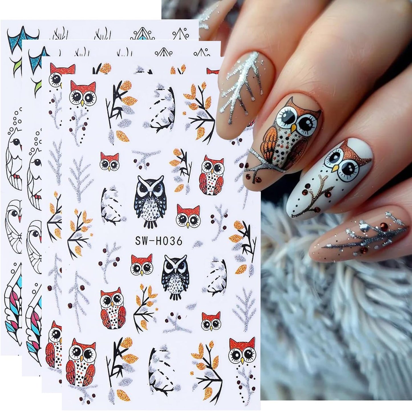 4pcs Christmas Nails Stickers Silver Glitter Leaves Line Owl Nail Art Design 3D Self-Adhesive Nail Decals Xmas Nail Sticker DIY Autumn Winter Manicure Art Supplies Decoration Accessories-BrightBean Baby