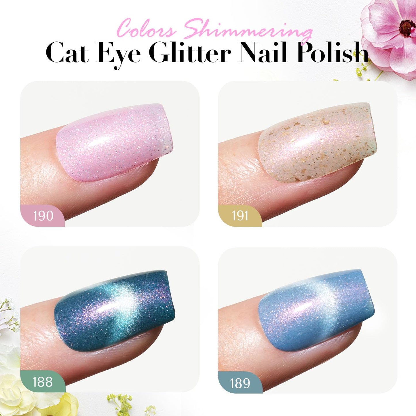 AZUREBEAUTY Magnetic Cat Eye Nail Polish Set – 2 Cat Eye & 2 Glitter Colors with Top Coat, Chrome Shimmer Gel Effect, Quick Dry Long Lasting DIY Nail Kit for Salon Home-BrightBean Baby