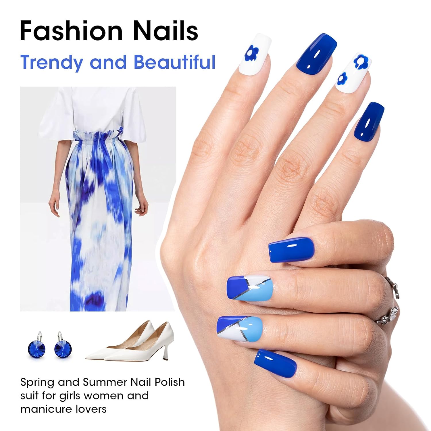 GELLEN Blue Nail Polish, Bright Navy Royal Baby Ocean Cobalt Blue White 6 Colors Set, insta Air Dry Natural Traditional Regular Nail Polish for Acrylic Natural Nails Salon Home, Non UV Gel, Hema Free-BrightBean Baby