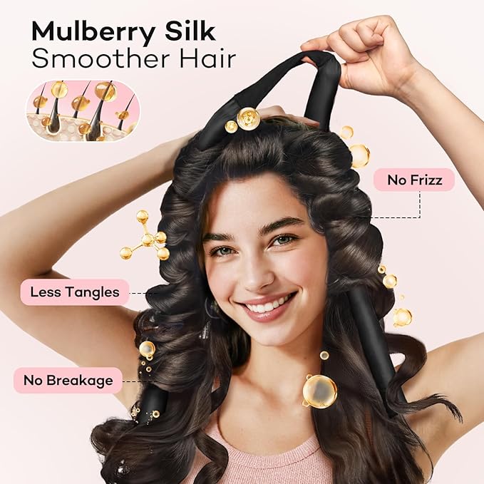 Umisleep 22 Momme 100% Mulberry Silk Heatless Hair Curler Set — Frizz-Free Hair Rollers for Women Long Hair, Overnight Heatless Curls, Upgraded Soft Flat Design with Clips & Scrunchies, Black-BrightBean Baby