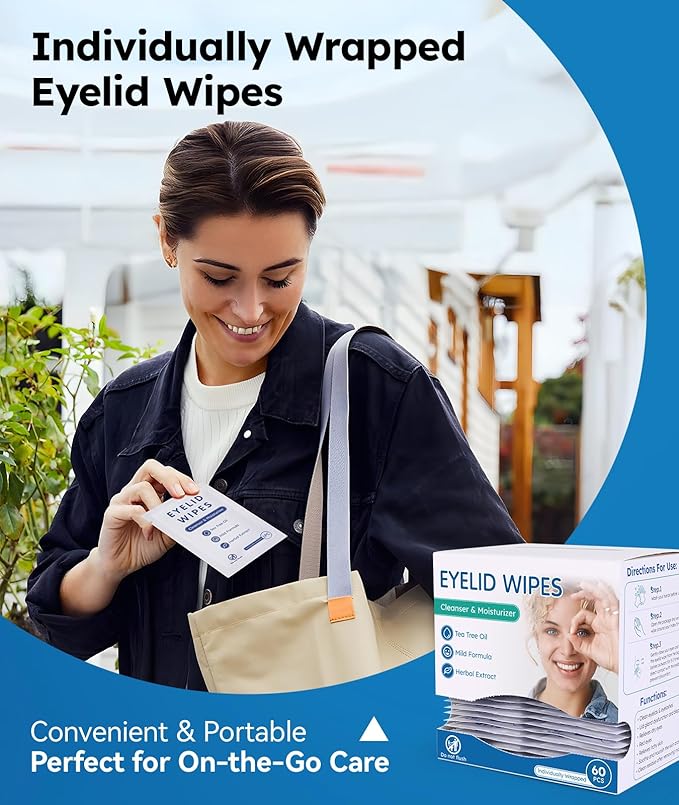 60-Count Eyelid Cleansing Wipes for Dry Eye & Blepharitis, tea tree oil Pre-Moistened Hypoallergenic EyeWipes for Sensitive Itchy Eyes, Individually Wrapped Eyelid Wipes Travel Essentials-BrightBean Baby