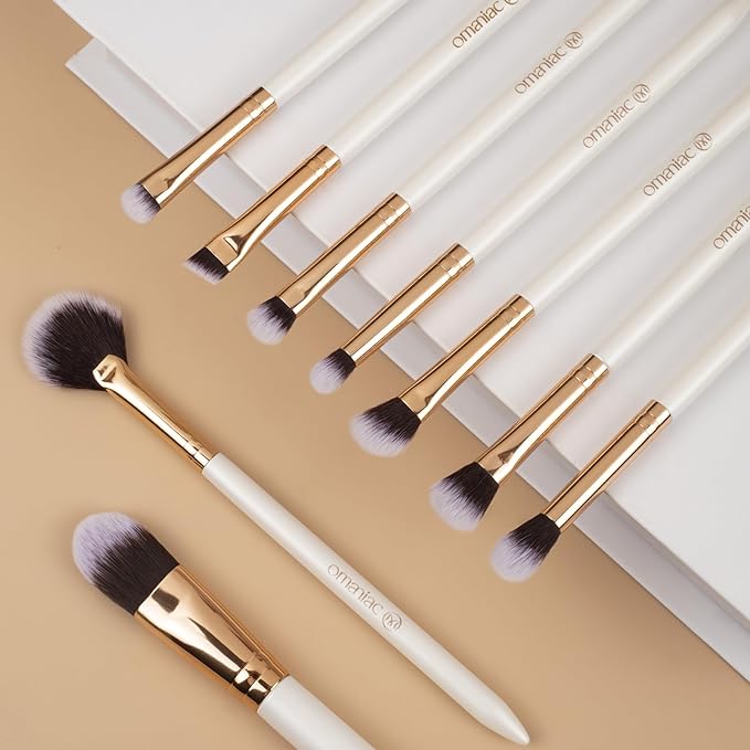 OMANIAC Makeup Brush Set Professional, 12 Pearlescent Wood Handle Makeup Brushes, Premium Cruelty-Free Synthetic Fiber Hair, Travel Make up Brushes Set with Case (White).-BrightBean Baby