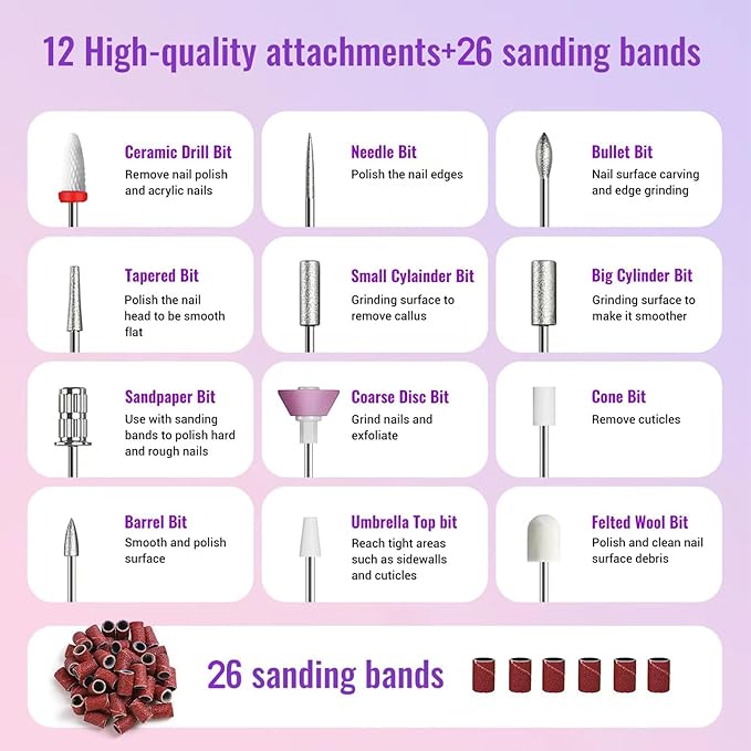 Electric Nail Drill File Cordless,Portable Rechargeable Nail File Kit for Acrylic & Gel Nails,Professional Efile for Manicure Pedicure Polishing,with 12 Nail Drill Bits 31 Sanding Bands,Purple-BrightBean Baby