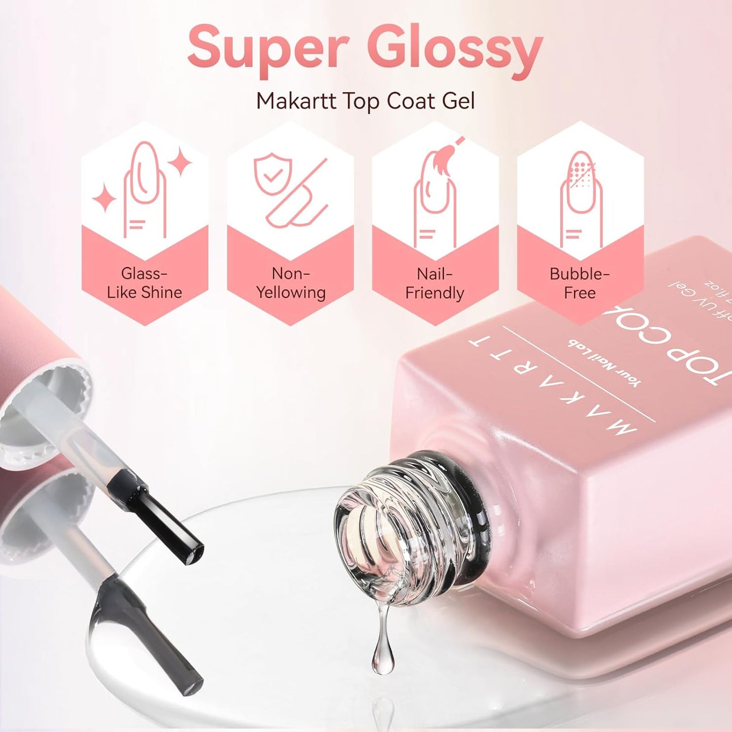 Makartt Gel Top Coat - 2PCS No Wipe Top Coat Gel Nail Polish, Long-Lasting Glossy Finish, Clear Nail Polish, Non-Yellowing, Pink Bottle, Soak Off with UV/LED Lamp, DIY Manicure Gift for Women-BrightBean Baby