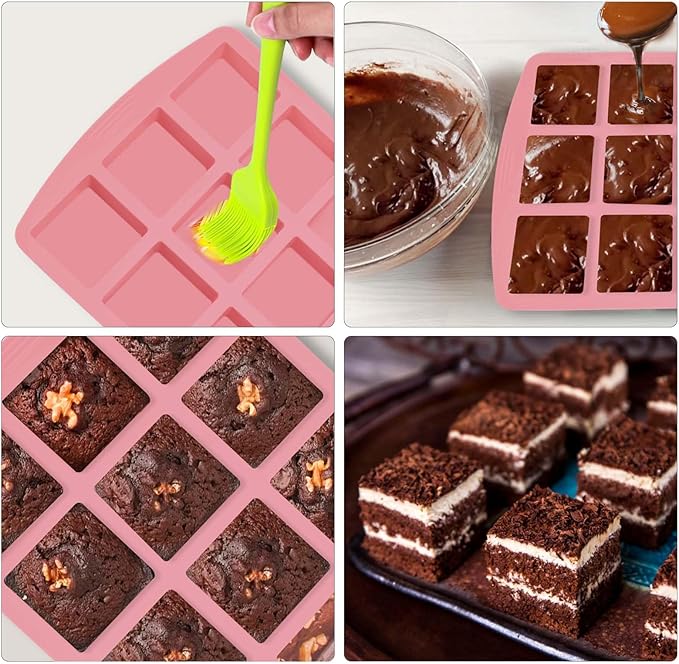 Brownie Pan,2Pcs Nonstick Silicone Bite Size Brownie Pan with Dividers,12 Cavity All Edges Brownie Pan,Non Stick Cake Baking Mold