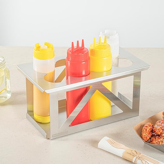Restaurantware Squeeze Bottle Holder Pack of 1 Stainless Steel 8 Hole Bottle Holder, 2.5" Diameter Fits 1/3 Size Opening, Dishwasher Friendly Integrated Lip Design Holder for Condiment Bottles