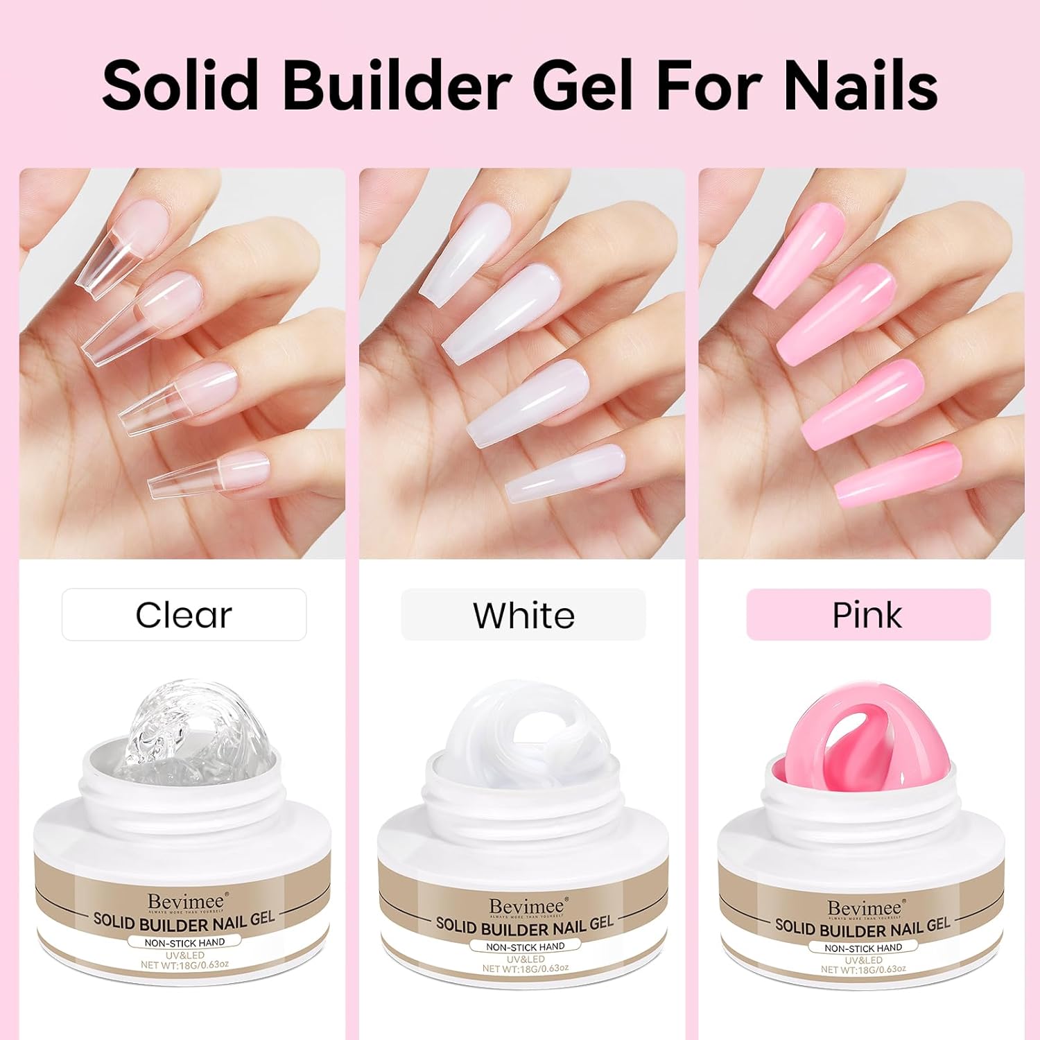 Solid Builder Gel for Nails 3PCS, Clear White Pink 3D Sculpting Hard Gel for Nail Art Non-Stick Hand, for Modeling, Sculpture, Nail Extension UV/Led Manicure DIY At Home 18g*3Colors-BrightBean Baby