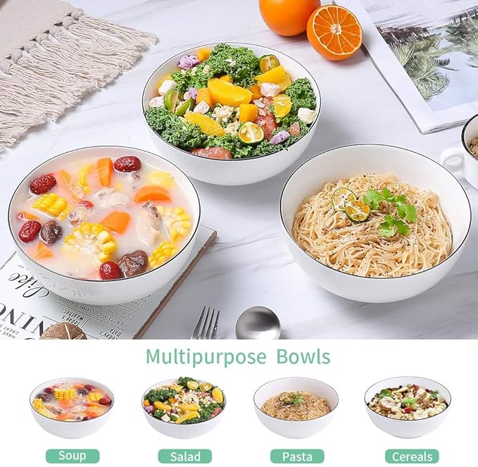 NJCHARMS Large Serving Bowls, 8'' Big Soup Bowl 60OZ Set of 3, White Ceramic Bowl for Kitchen, Pho Bowl for Pasta, Ramen, Soup, Fruit Vegetable, Microwave & Dishwasher Safe