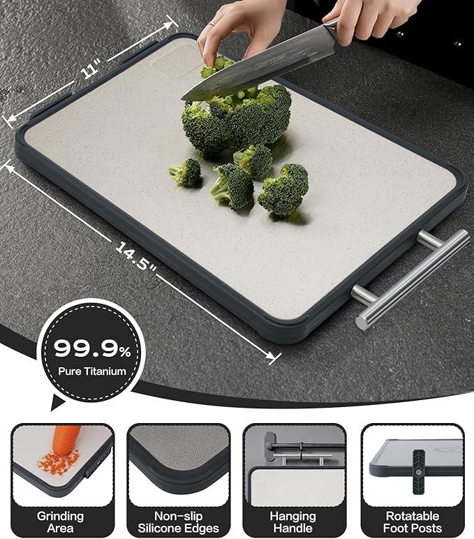 Titanium Cutting Board for Kitchen, Double Sided Non Toxic Cutting Board with Grinding Zone, Food-Grade Metal Chopping Board Pure Titanium & Wheat Straw PP Space Saving (14.5”×11”, 1 PC)