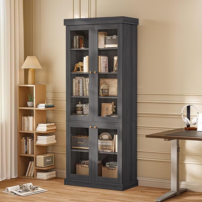 70.8" Tall Black Bookshelf with Glass Doors, Farmhouse Modular Bookcase with 6-Tier Adjustable Shelves, Large Storage Cabinet for Home Office, Living Room, Set of 4