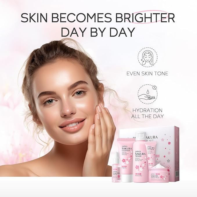 Skin Care Set JAPAN SAKURA Women Beauty Gift Sets Skin Care Kit with Cleanser, Toner, Serum, Eye Cream, Face Cream Travel Kit for Women Teen Girls Mom Daughter Birthday TSA-friendly Sizes 5pcs-BrightBean Baby