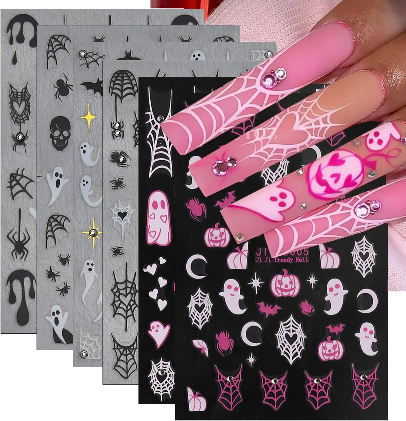 6Sheets Halloween Nail Stickers for Nail Art,3D Self-Adhesive Cute Ghost Spider Web Nail Decals with Rhinestones Design,Pink Pumpkin Spiders Skull Nail Art Stickers for Women Girls DIY Nail Decoration-BrightBean Baby