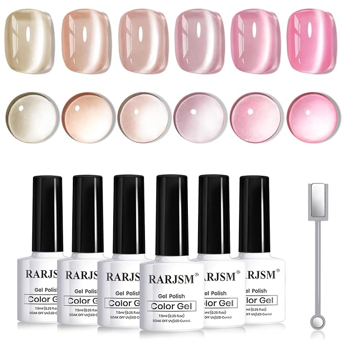 RARJSM Nude Jelly Glass Cat Eye Gel Nail Polish Set 6Pcs Champagne Gold Rose Blush Metal Pink Red Smoothie Ceramics Cateye Silver Glitter Gelpolish with Magnetic Stick UV LED Curing Require Home Salon-BrightBean Baby
