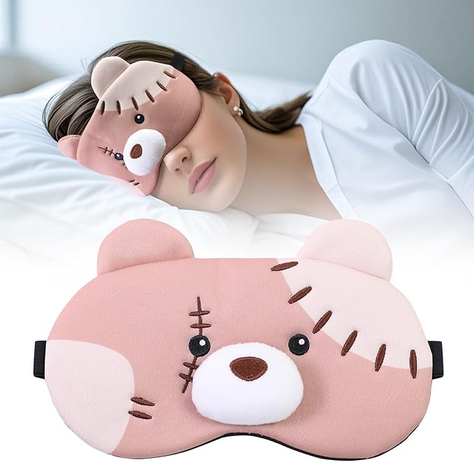 PERFECTSIGHT Sleep Eye Masks, Cute Plush Sleep Eye Cover Lightweight Adjustable Eyeshade Faux Fur Mask Cover for Women Men Kids Sleep Travel Nap, Big Eye Girl, Purple Nose, Brown Pudding Bear-BrightBean Baby