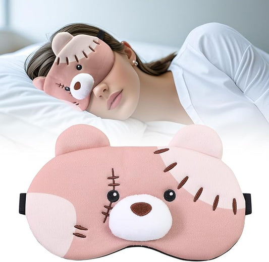 PERFECTSIGHT Sleep Eye Masks, Cute Plush Sleep Eye Cover Lightweight Adjustable Eyeshade Faux Fur Mask Cover for Women Men Kids Sleep Travel Nap, Big Eye Girl, Purple Nose, Brown Pudding Bear-BrightBean Baby