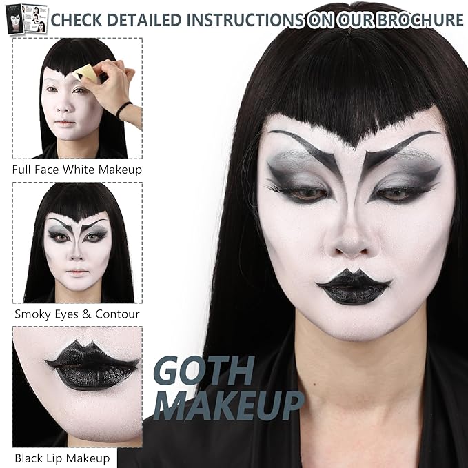 Halloween Goth Makeup, Complete Goth Make Up Set with White Foundation, Black Lipstick, Dark Smokey Eyeshadow Kit for SFX Gothic Makeup, Cosplay, Costume Party, Theater and Film-BrightBean Baby