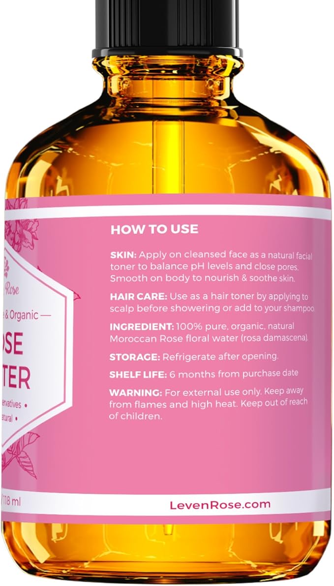 Rose Water Spray for Face by Leven Rose - Pure Natural Moroccan Rosewater Hydrosol Face Spray - Organic Rose Water for Hair 4 oz-BrightBean Baby