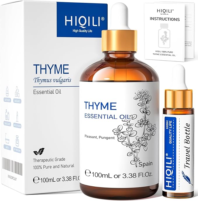 HIQILI 3.38 Fl Oz Thyme Essential Oil, 100% Pure Undiluted for Hair, Skin, Diffuser, Aromatherapy, Includes 10ML Travel Bottle - 100ML-BrightBean Baby