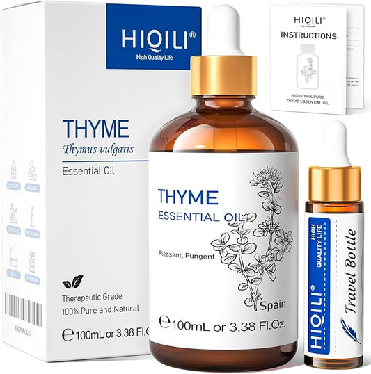 HIQILI 3.38 Fl Oz Thyme Essential Oil, 100% Pure Undiluted for Hair, Skin, Diffuser, Aromatherapy, Includes 10ML Travel Bottle - 100ML-BrightBean Baby