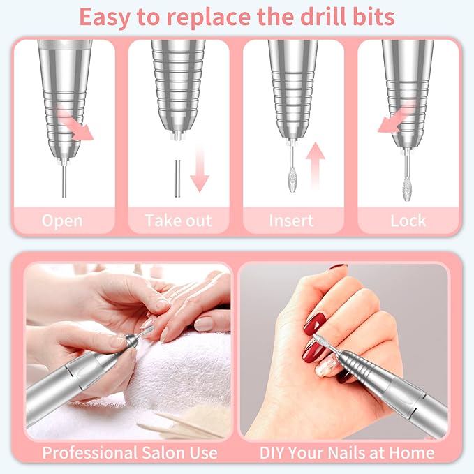 Portable Nail Drill Professional 35000 RPM, MOCOWIND Rechargeable Electric Nail File Machine for Acrylic Nails Gel Polishing Removing, Cordless E-File with Bits Kit for Manicure Salon Home, White-BrightBean Baby