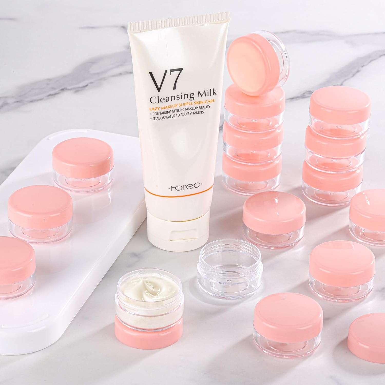 Refillable Cosmetic Sample Jars - 100 Pack 10g (0.35oz) Pink Small Travel Containers with Lids + 10 Mini Makeup Spatulas - BPA Free-BrightBean Baby