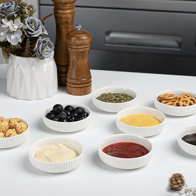 3 Oz 8 Pack Dipping Bowls Set - Ceramic Dipping Sauce, Soy Sauce Dish, Side Dish, Small Serving Bowls for Kitchen, BBQ, Condiments, Appetizer, Dessert, Sushi, Party - White Japanese design