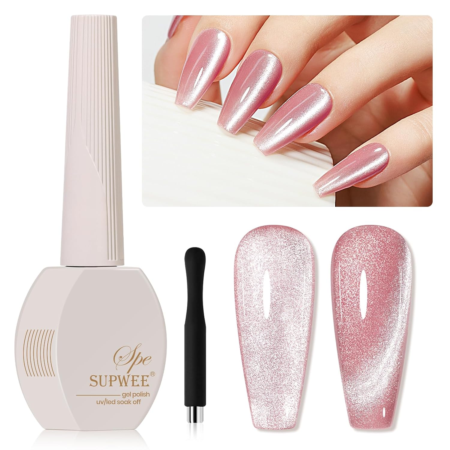 Pink Cat Eye Gel Nail Polish, Holographic Magnetic Gel Nail Polish Glitter Shimmer Effect with Magnet Soak Off U V Salon DIY at Home, 0.5 OZ-BrightBean Baby