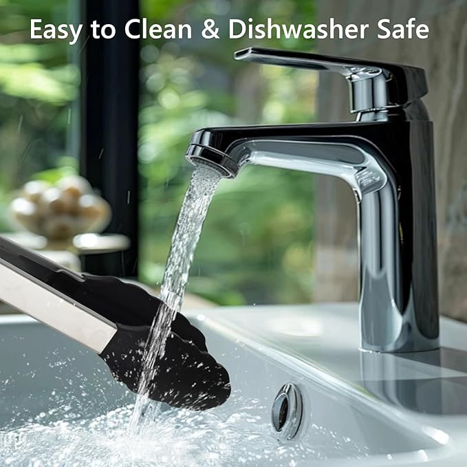 Kitchen Tongs, 2pcs Barbecue Tongs 10 inch & 12 inch with Silicone Tips, 1pc Brush Stainless Steel Cooking Tongs with Heat Resistant Handle for BBQ Serving, Grilling, Buffet, Dishwasher Safe (Black)