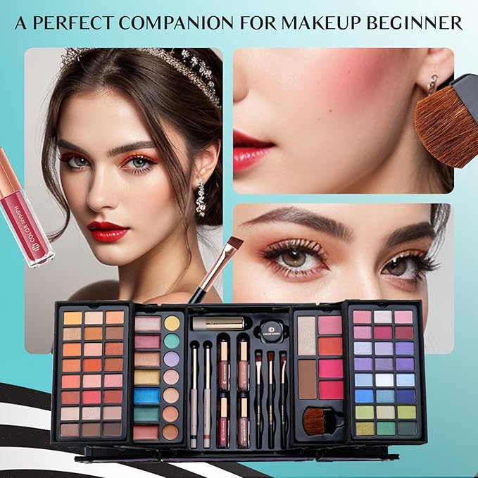 Color Nymph All In One Makeup Kit Comestics Gifts for Girls Teens, Travel Makeup Set 4 Trays Train Case for Beginner Includes Eyeshadow Highlighter Lipgloss Blush Concealer Brush Eyeliner Lipbalm-BrightBean Baby
