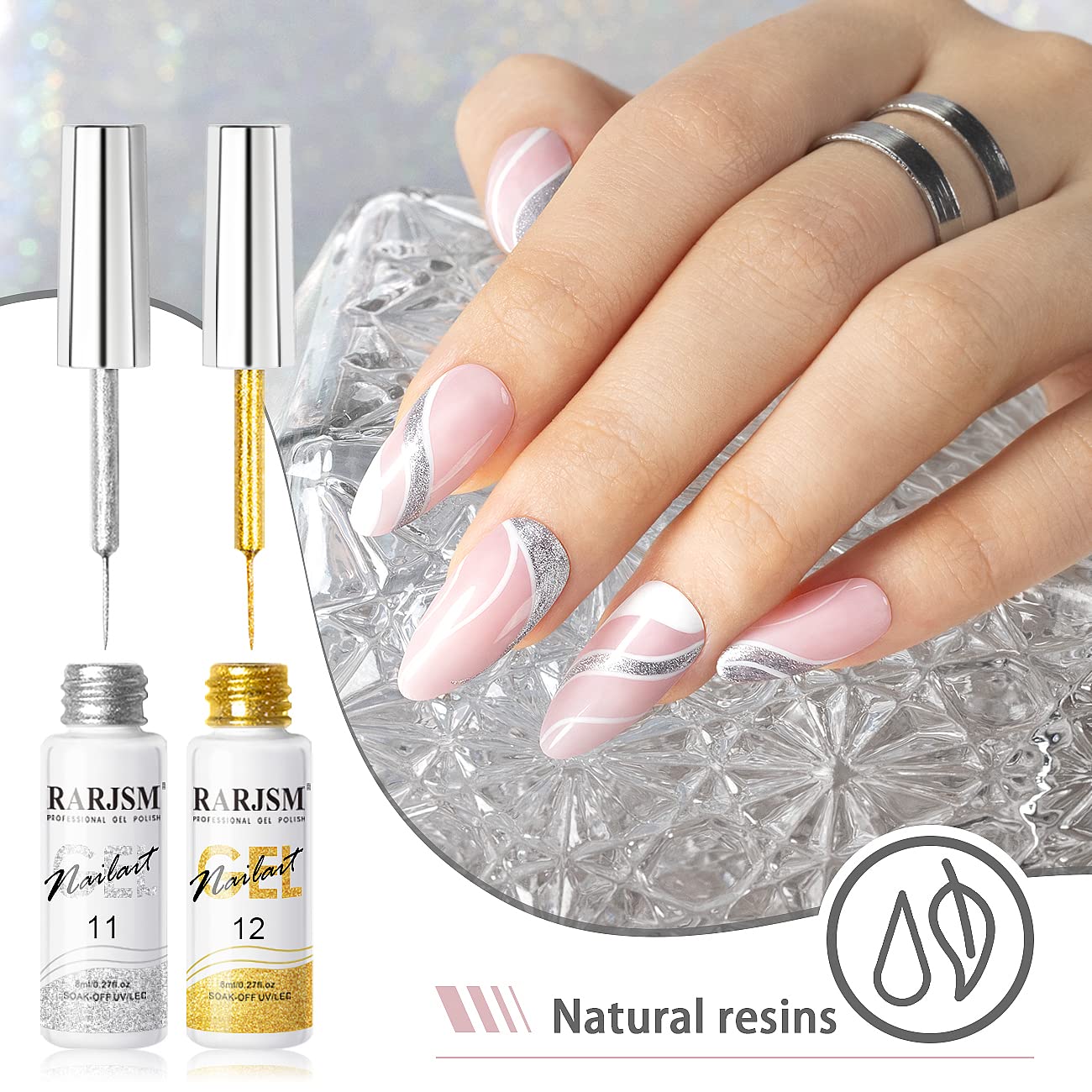 RARJSM Gel Liner Nail Art Silver Gold Glitter Nail Design Polish Painted Gel Nail Polish Set 2Pcs Soak off Curing Requires 8ml Build in Thin Brush for Home Salon Diy Nail Decoration Dotting Painting-BrightBean Baby