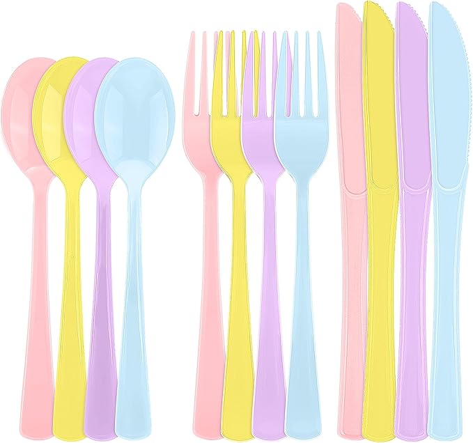 300 Pieces Pastel Plastic Silverware Heavy Duty Plastic Cutlery Set Heavyweight Disposable Utensils Includes Spoons Forks Knives for Birthday Wedding Dinner, Macaron Colors