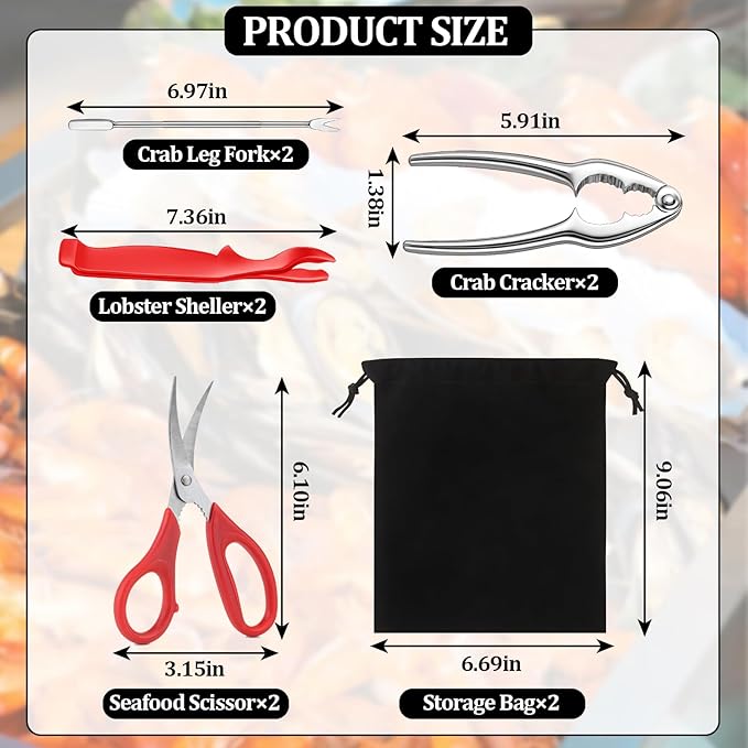 9 PCS Seafood Cracker Tool Set, Including 2 Lobster Sheller, 2 Stainless Steel Crab Crackers, 2 Crab Leg Fork, 2 Scissors and Storage Bag for Seafood Boil Party Supplies, Ideal Gift for Friends