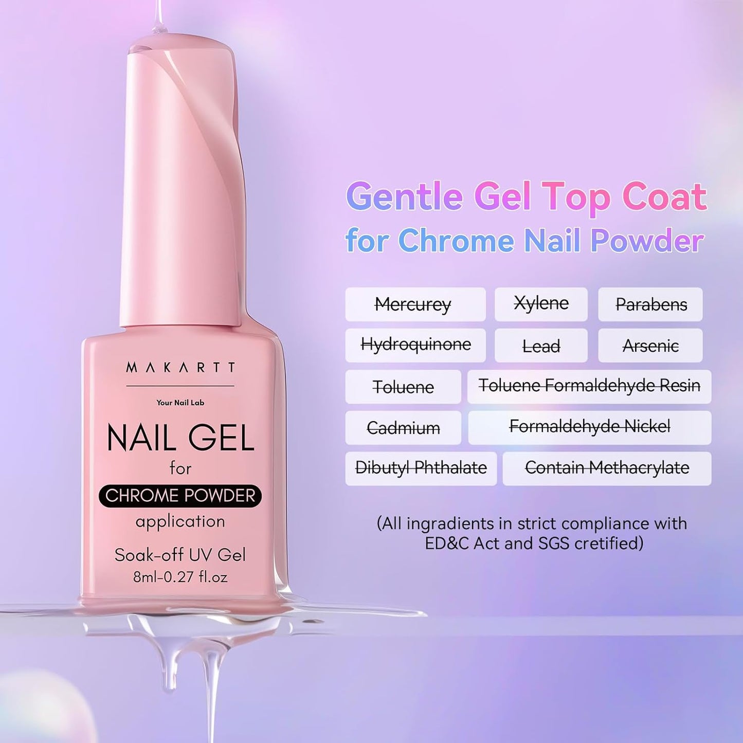 Makartt No Wipe Gel Top Coat for Chrome Nail Powder - Clear High Gloss Mirror Shine Top Coat Gel Nail Polish, Long Lasting Soak-Off LED UV Lamp, DIY Home Salon Art Design Gifts, 8ml Pink Bottle-BrightBean Baby
