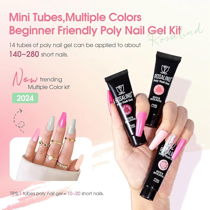 ROSALIND 14 Colors Poly Nail Gel Kit with Mini Nail Lamp Pink Brown Poly Nails Gel Kit Starter Kit With Slip Solution Kit Pink Extensions Gelfor Nail Manicure Beginner-BrightBean Baby