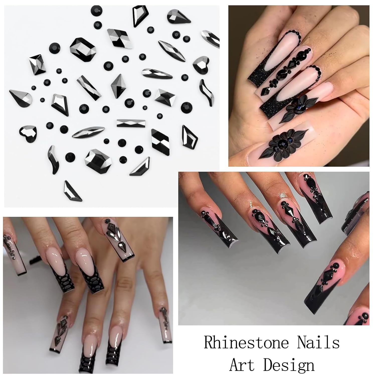 Nail Art Rhinestones with Glue Gel Flatback Nail Charms Luxurious Supplies Accessories Champagne Nails Gems Jewelry for Women Nails DIY Design Decoration,Black-BrightBean Baby