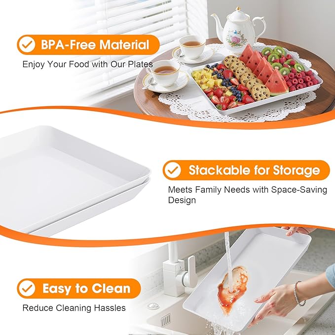 4-Pack Serving Tray, Serving Platter for Parties, Entertaining, Camping & Food Display, Reusable & Stackable Plastic Trays in Kitchen, Rectangular Food Platters for Cookie, Appetizer(White)